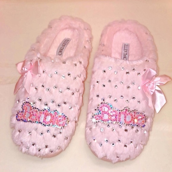 💗BARBIE DOLL LOGO CUSTOM BLING FUZZY PLUSH BEDROOM SLIPPER SLIDE SHOES small - Picture 1 of 7